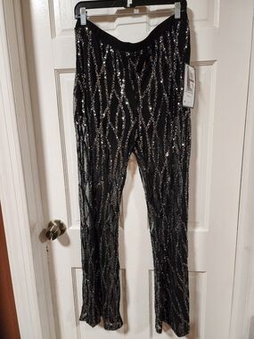 Alex & Sophia Women’s Sheer Sequin Pants | XXL | Black Sparkly Party Pants | NWT